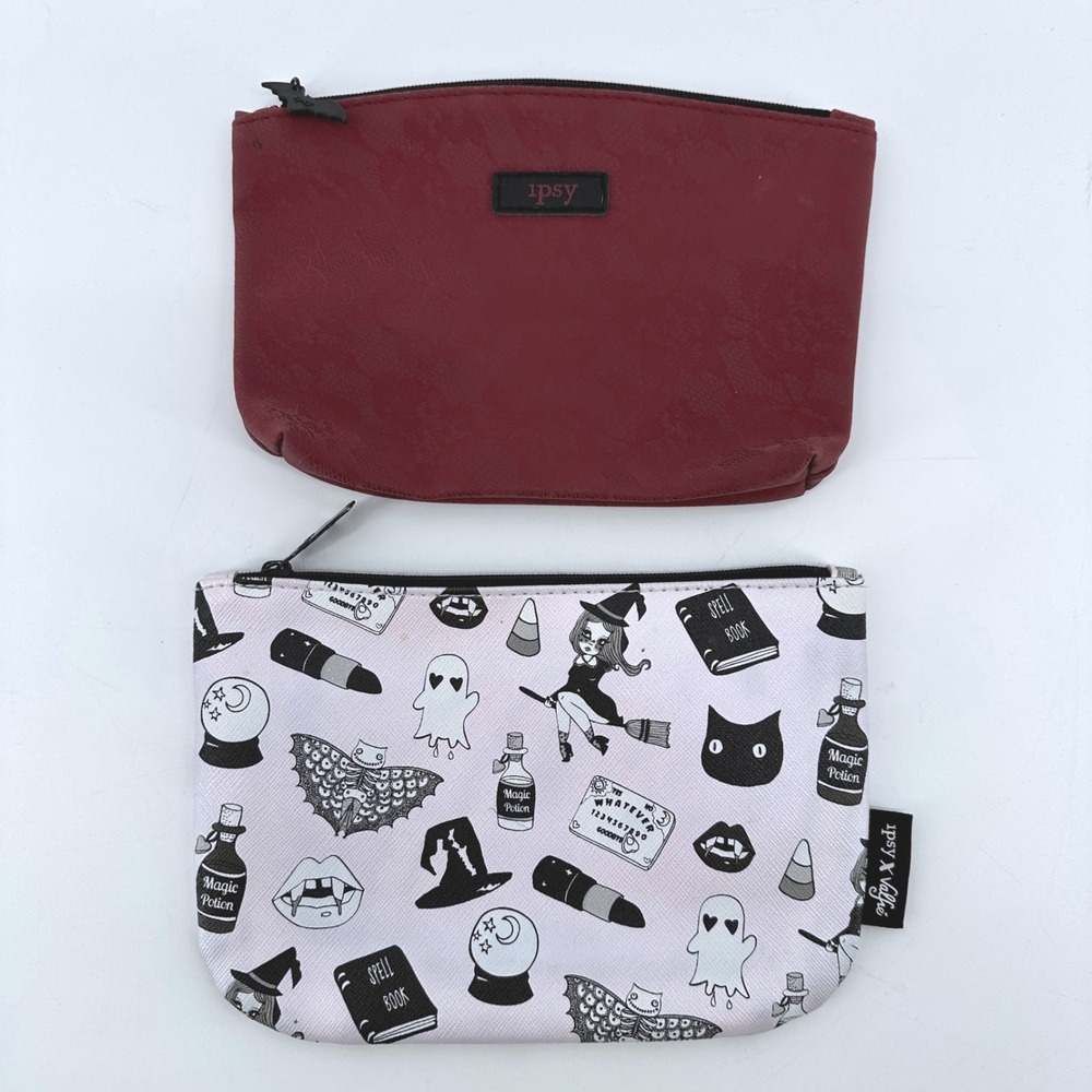 Ipsy x Valfre Makeup Bag Set Burgundy Bat & Pink Witchy Ghost Cosmetic Pouches